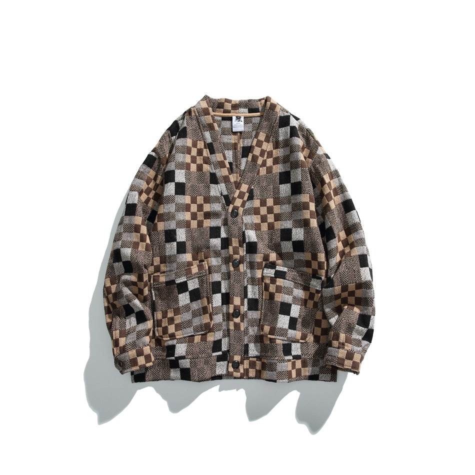 Brown, tan, gray and black checkerboard woven button-front V-neck jacket with flap pockets, flat lay