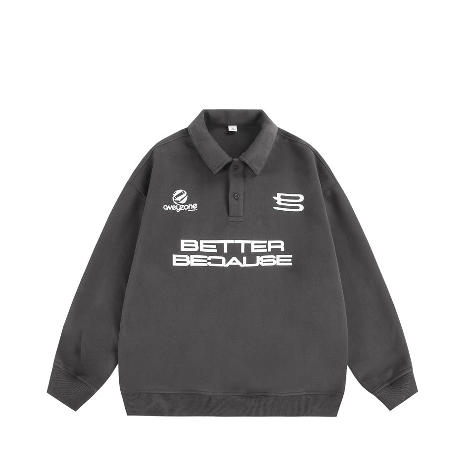 Dark gray polo-collar sweatshirt with white 'BETTER BECAUSE' print, two-button placket and ribbed trim, flat lay
