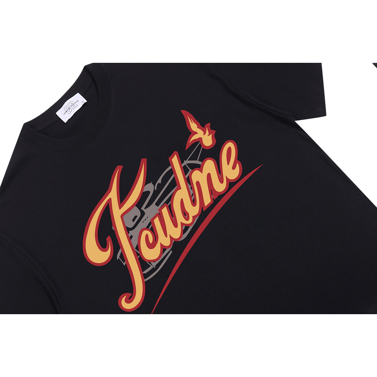 Black short-sleeve crew-neck T-shirt with a large yellow and red script graphic on the front.