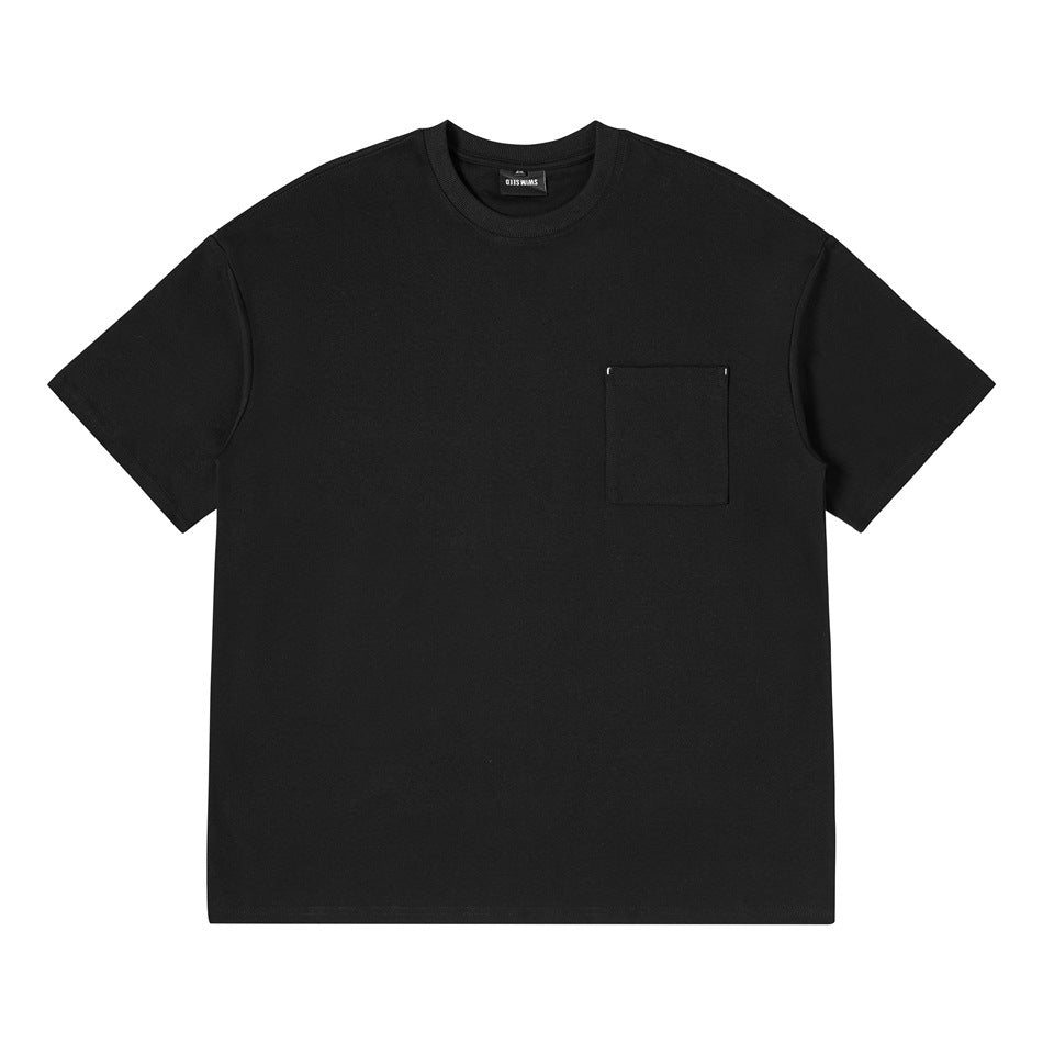 Black short-sleeve crew-neck T-shirt with chest patch pocket, flat front view