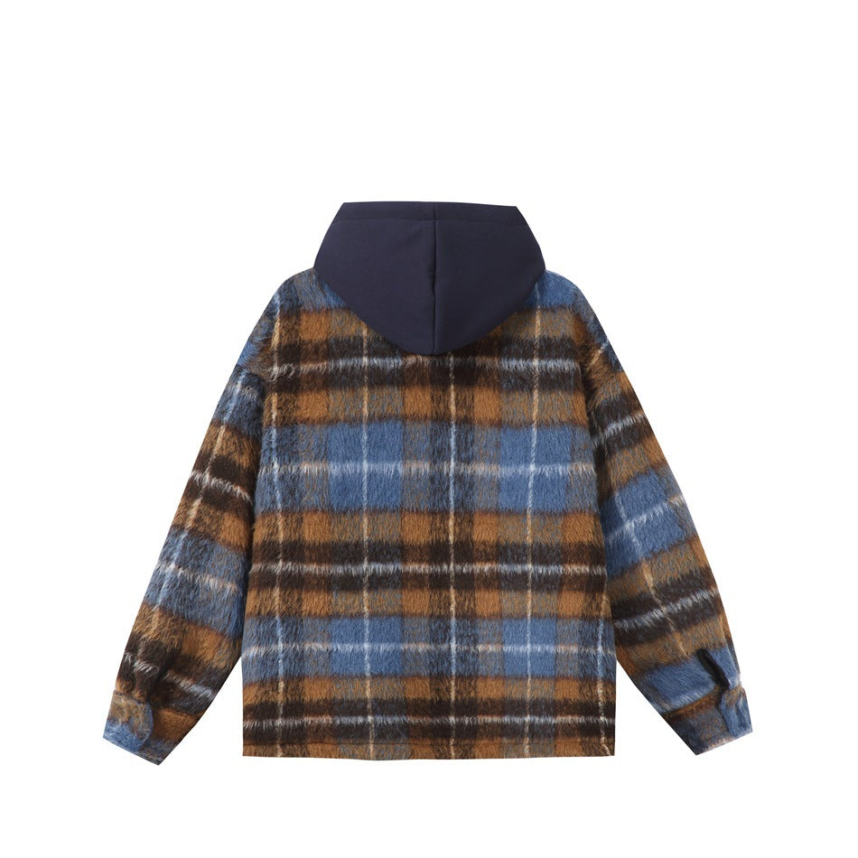 Back of a brown, blue and dark plaid hooded jacket with a solid navy hood.