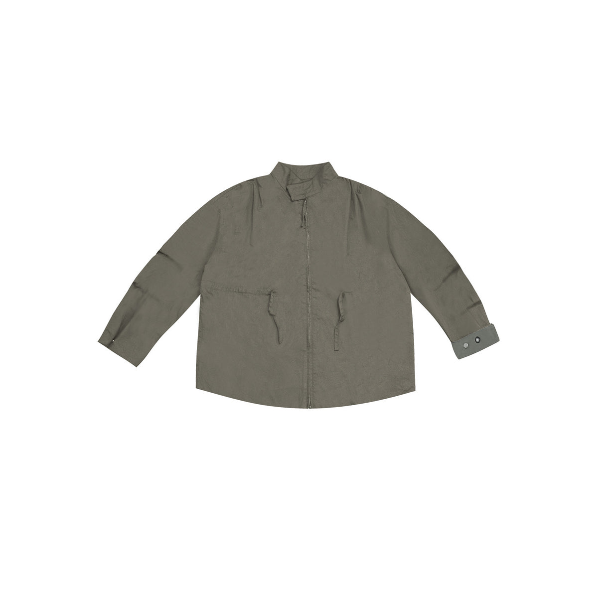 Army green stand-collar zip jacket flat lay with waist tabs and a folded cuff with snap buttons