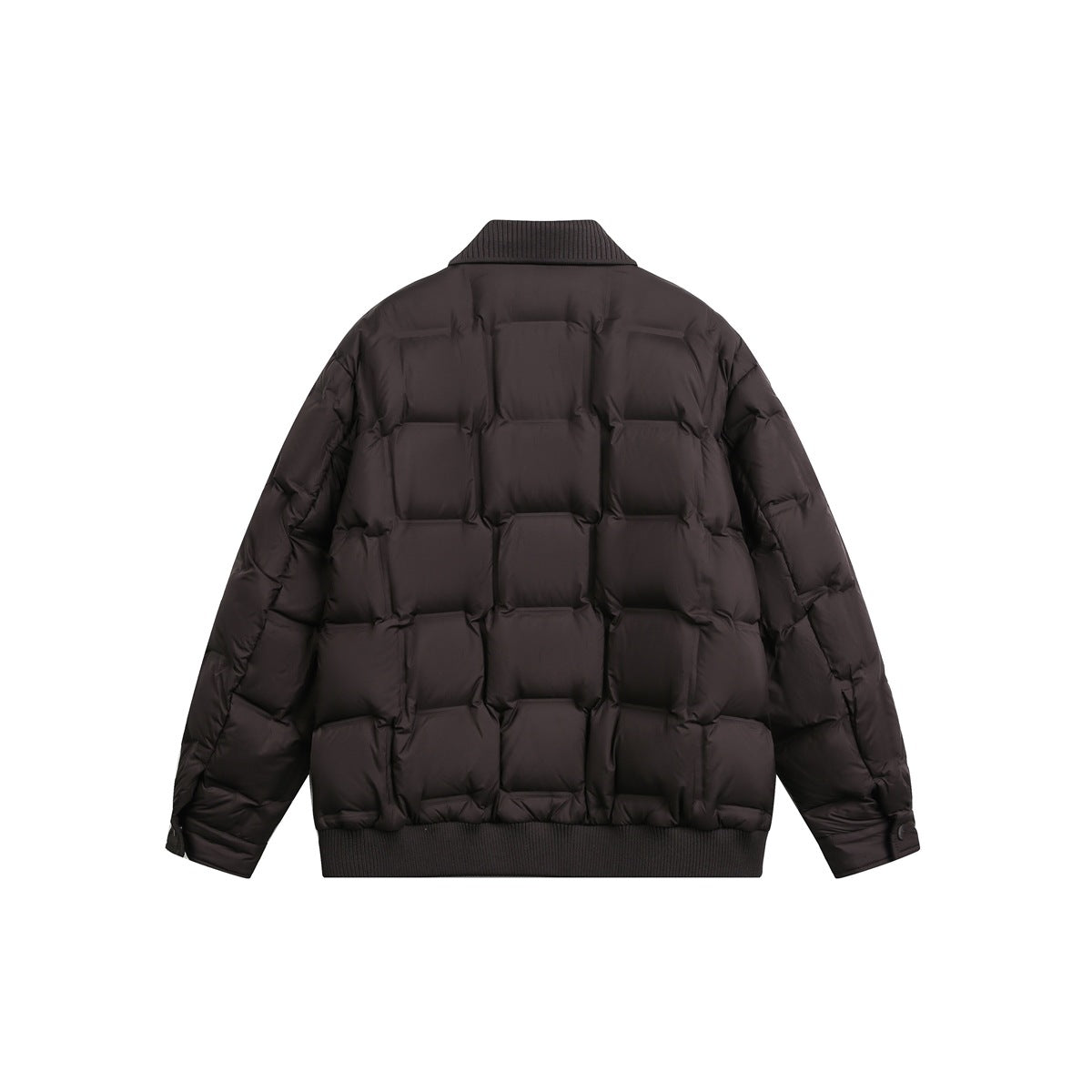 Back view of a dark brown-black quilted jacket with a ribbed collar and hem.