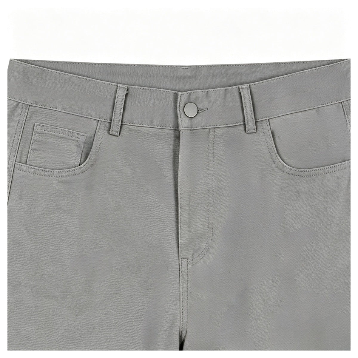 Close-up of the front waist of gray trousers, showing a button closure, belt loops and front pockets.