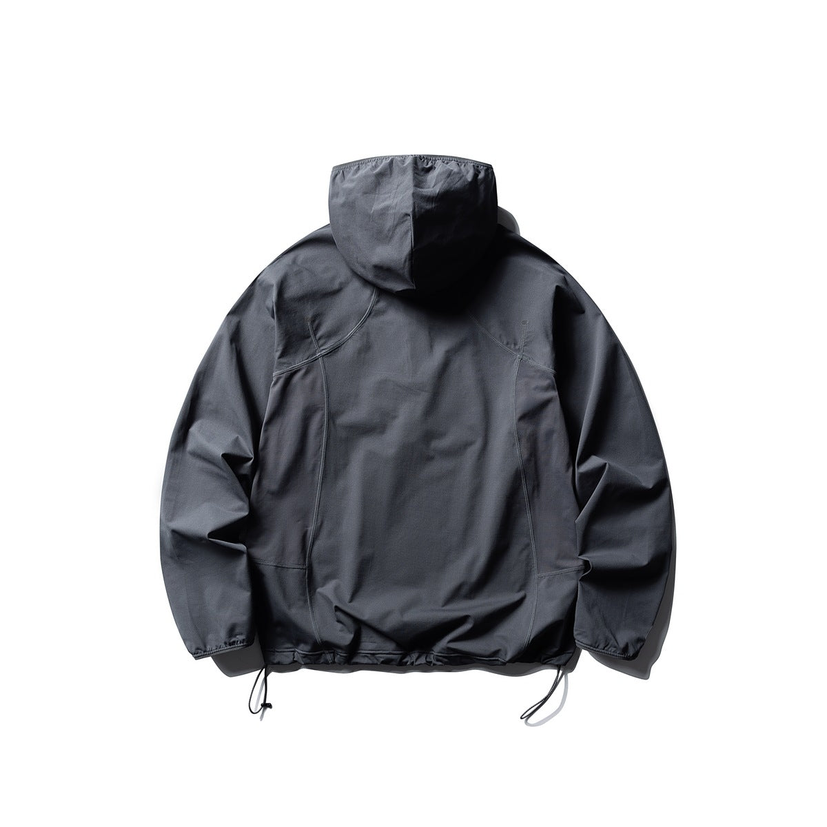 Back view of a charcoal-gray hooded jacket with curved seams and adjustable drawcord hem, laid flat on white.