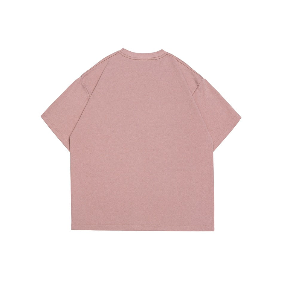 Back view of a plain dusty pink short-sleeve crew-neck T-shirt laid flat.