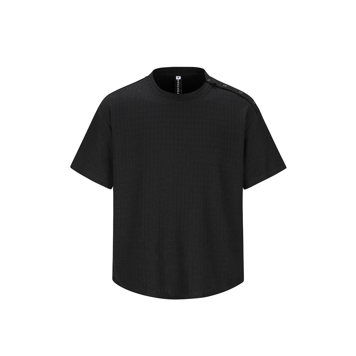 Black textured short-sleeve crew-neck T-shirt, front flat lay with buttons along one shoulder