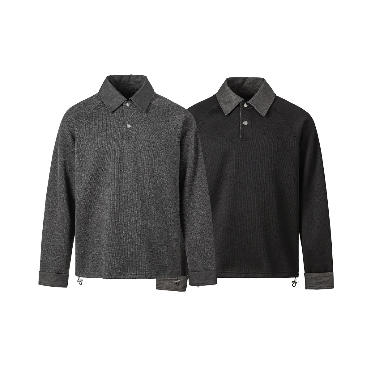Front view of two long-sleeve collared pullovers, one charcoal gray and one black, with contrasting collars and cuffs.