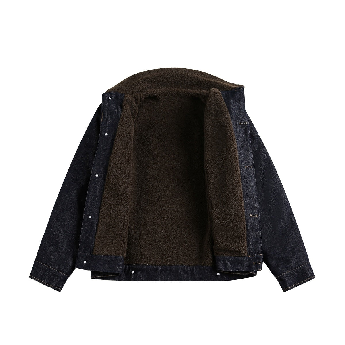 Open front view of a dark indigo denim jacket showing its full brown fleece lining and snap closures.