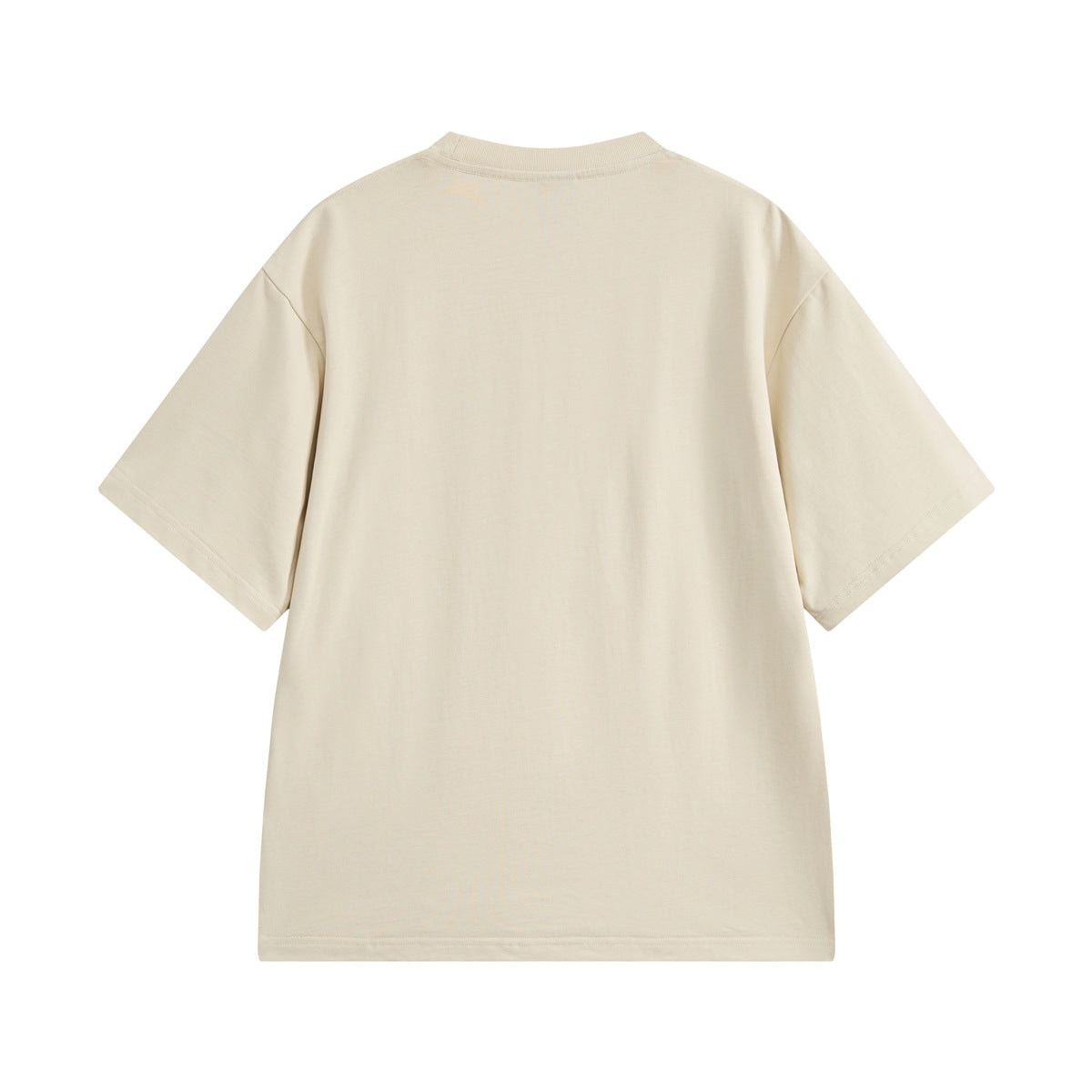 Back view of a beige short-sleeve crew-neck T-shirt with ribbed collar and dropped shoulders, plain with no print