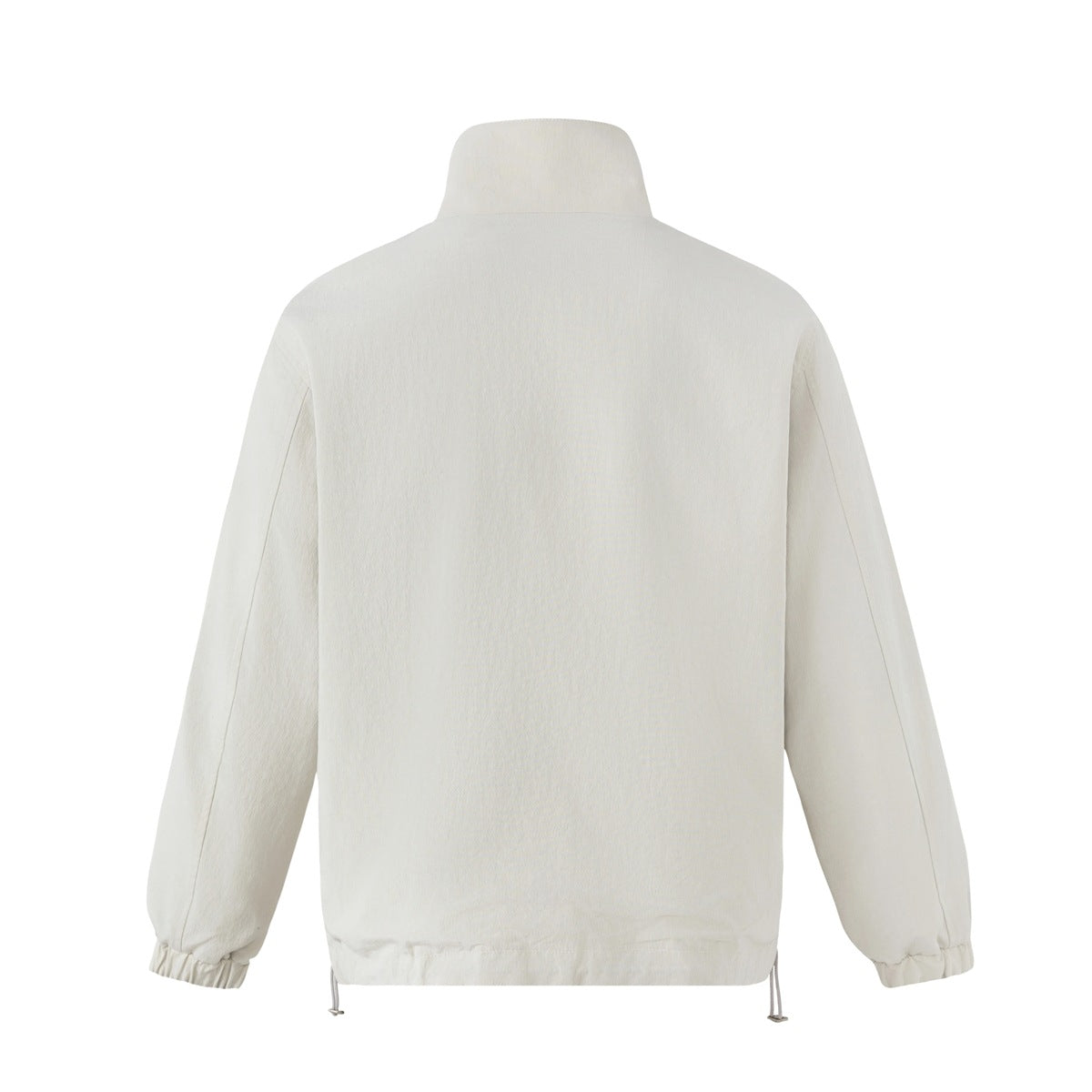 Back view of an off-white jacket with a high stand collar, long sleeves, elastic cuffs, and adjustable hem cords.