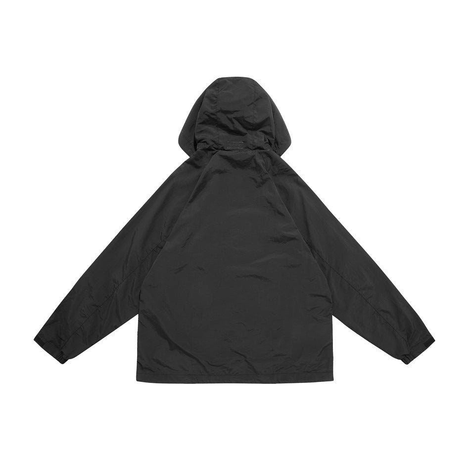 Back view of a black hooded jacket with long sleeves and a straight hem, laid flat against a white background.
