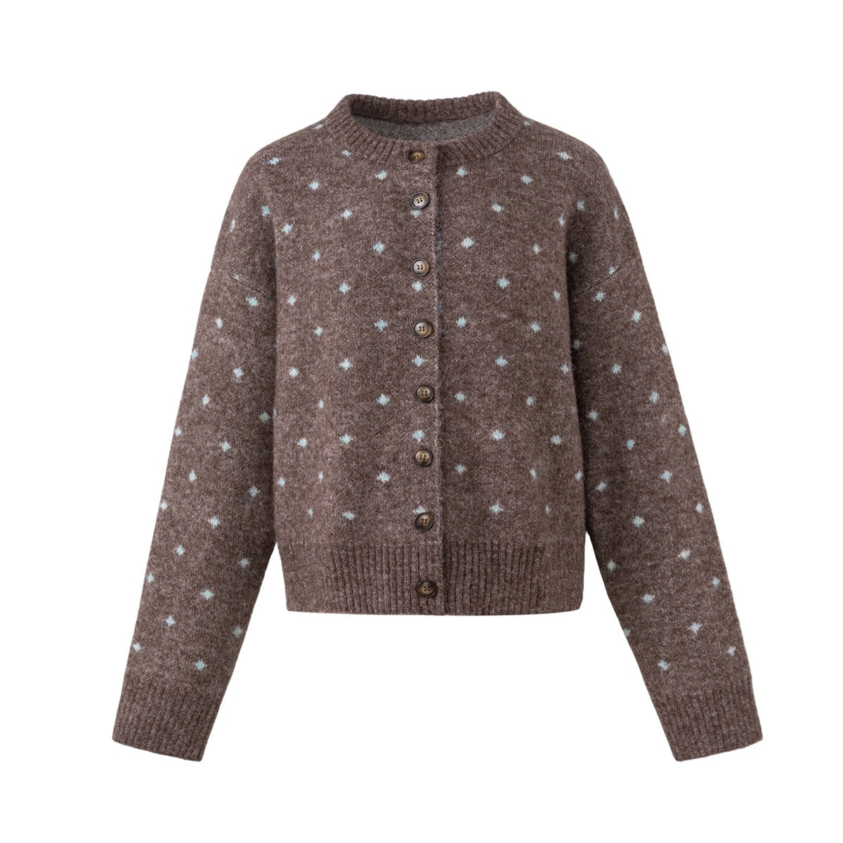 Brown knit cardigan with light blue diamond dots, crew neck, front buttons and ribbed cuffs and hem