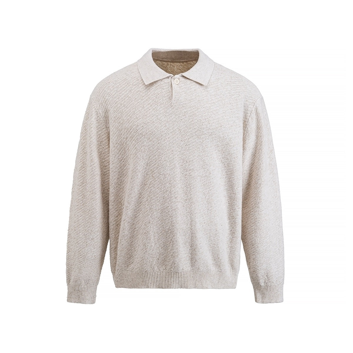 Off-white long-sleeve knit polo sweater with diagonal textured pattern, one-button placket and ribbed cuffs and hem