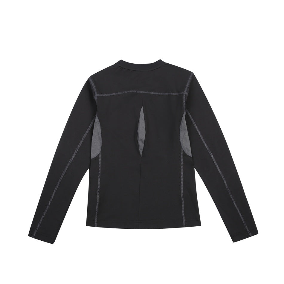 Back view of a black long-sleeve top with contrast gray seams and vent panels.