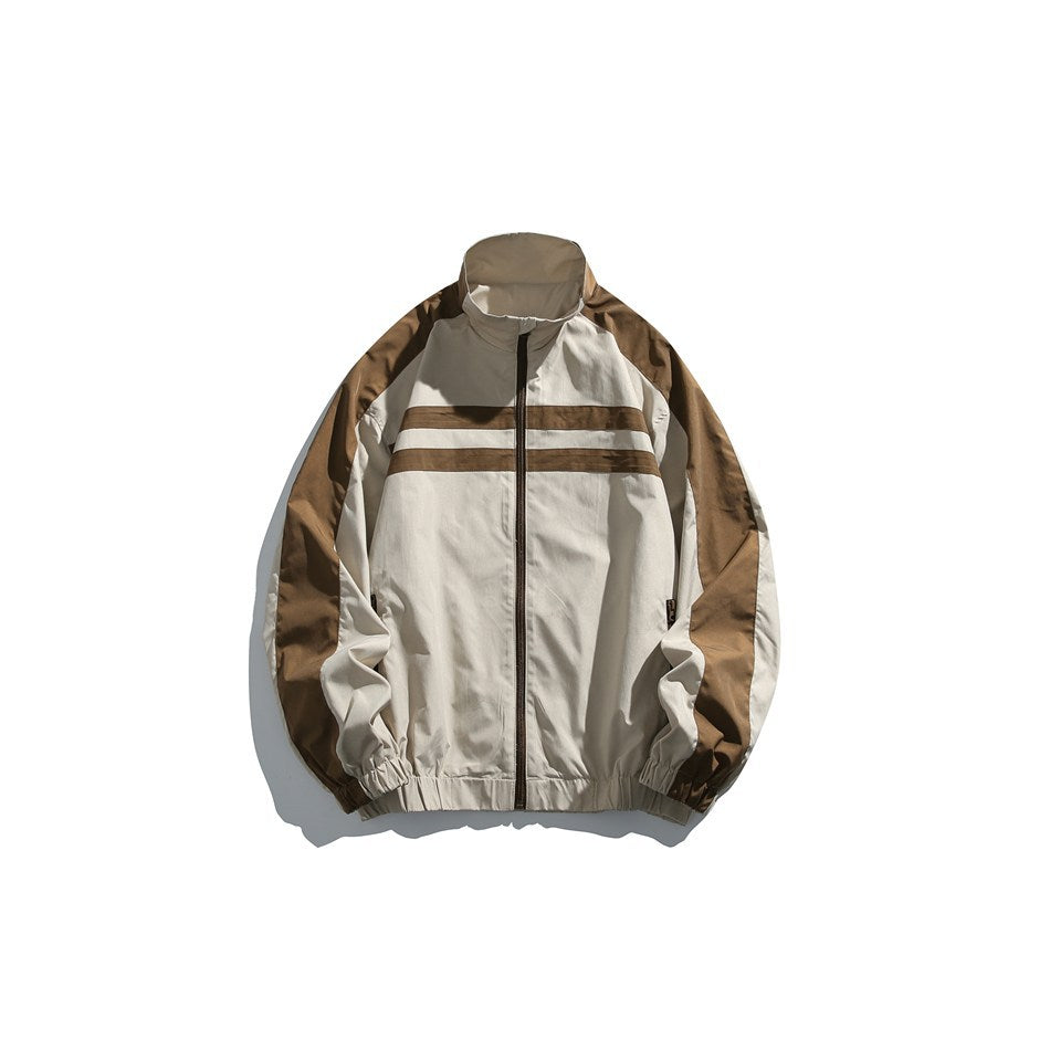 Khaki and brown color-block stand-collar zip jacket with two chest stripes, flat front view