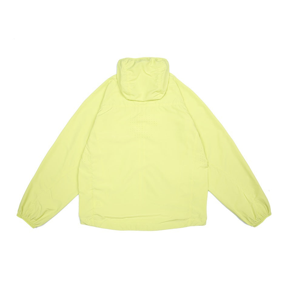 Back view of a bright yellow hooded jacket laid flat, with long sleeves, elastic cuffs, and perforated panels.