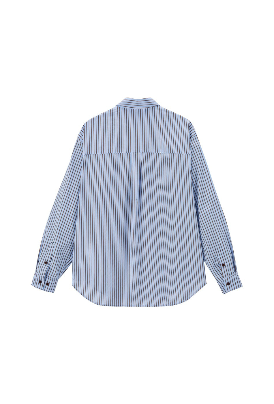 Back view of the light blue shirt with brown vertical stripes, shoulder yoke, center pleat and buttoned cuffs