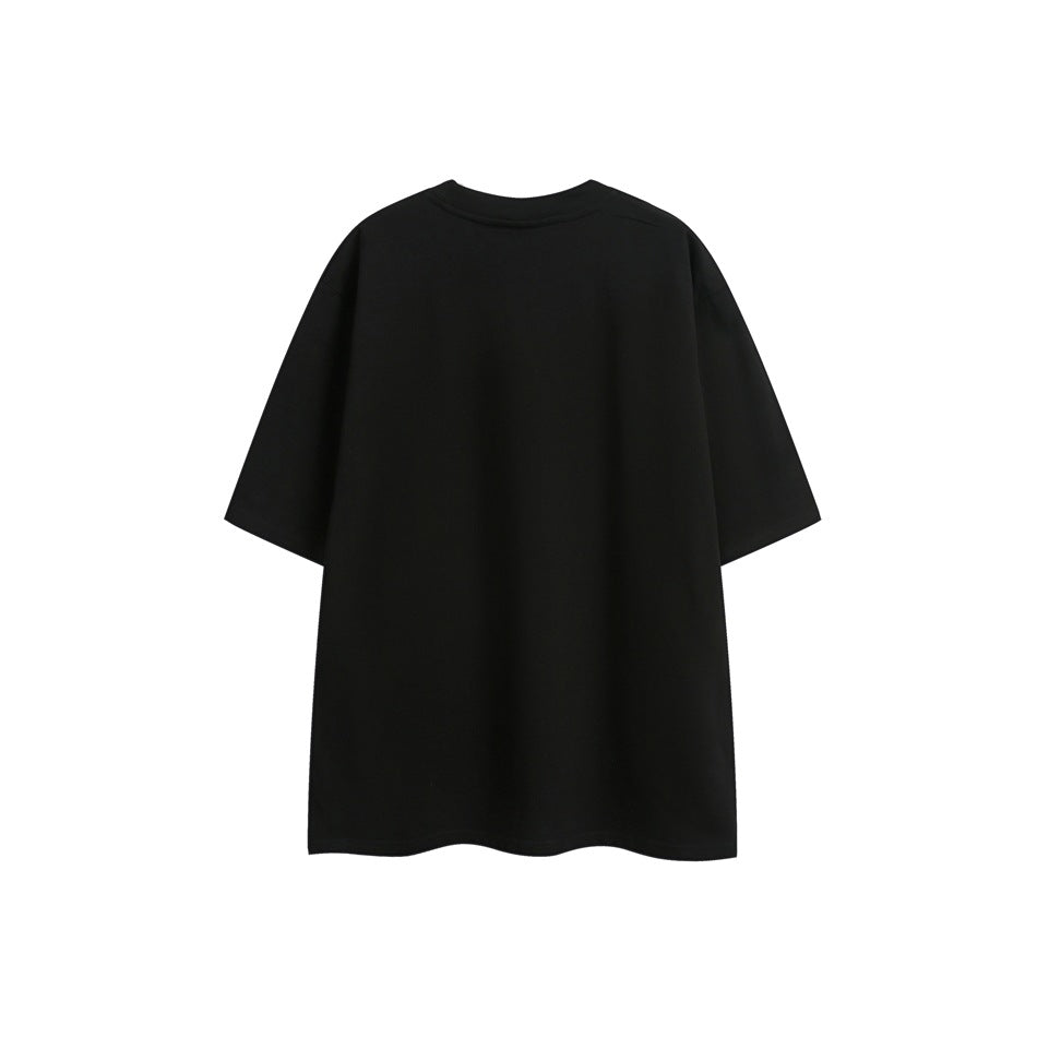 Plain black short-sleeve crew-neck T-shirt shown from the back against a white background.
