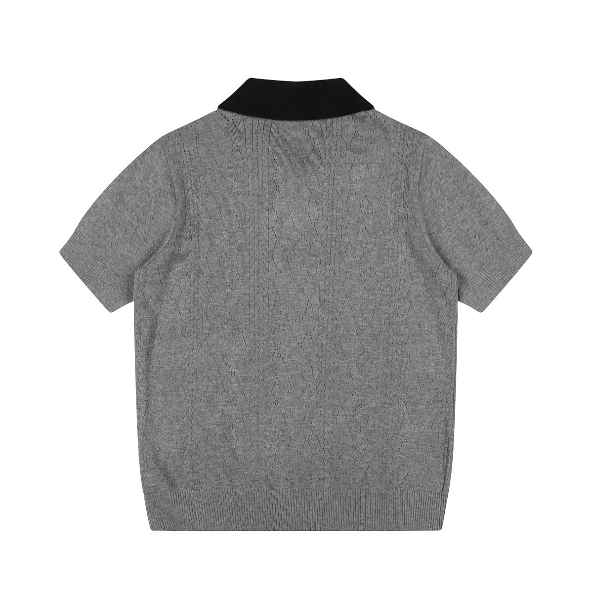 Back view of a gray short-sleeve knit top with a black collar and ribbed hem and cuffs, laid flat on white.
