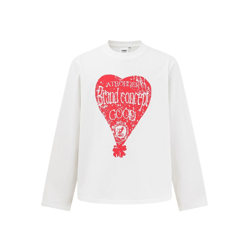 White long-sleeve crew-neck T-shirt with a red distressed heart graphic and text on the chest