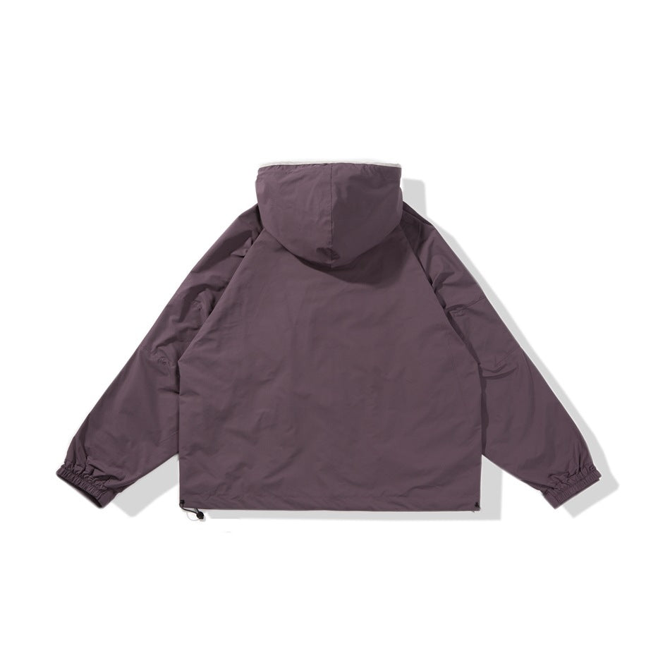 Muted plum hooded jacket shown from the back, laid flat against a white background.