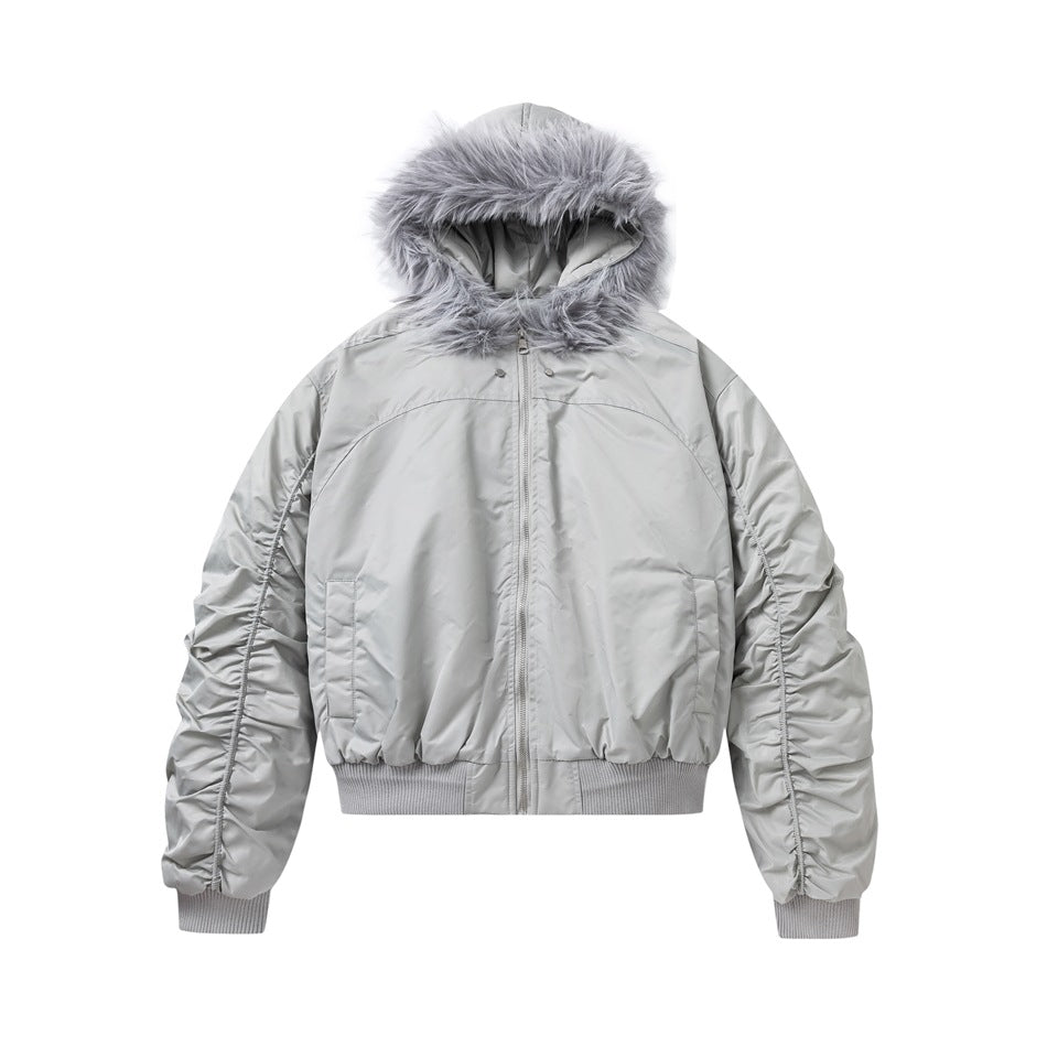 Light gray hooded bomber jacket with faux-fur-textured hood trim, front zip and ruched sleeves, flat front view