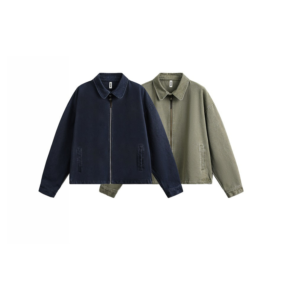 Two collared zip-front jackets displayed together in navy and olive gray, each with two front pockets.
