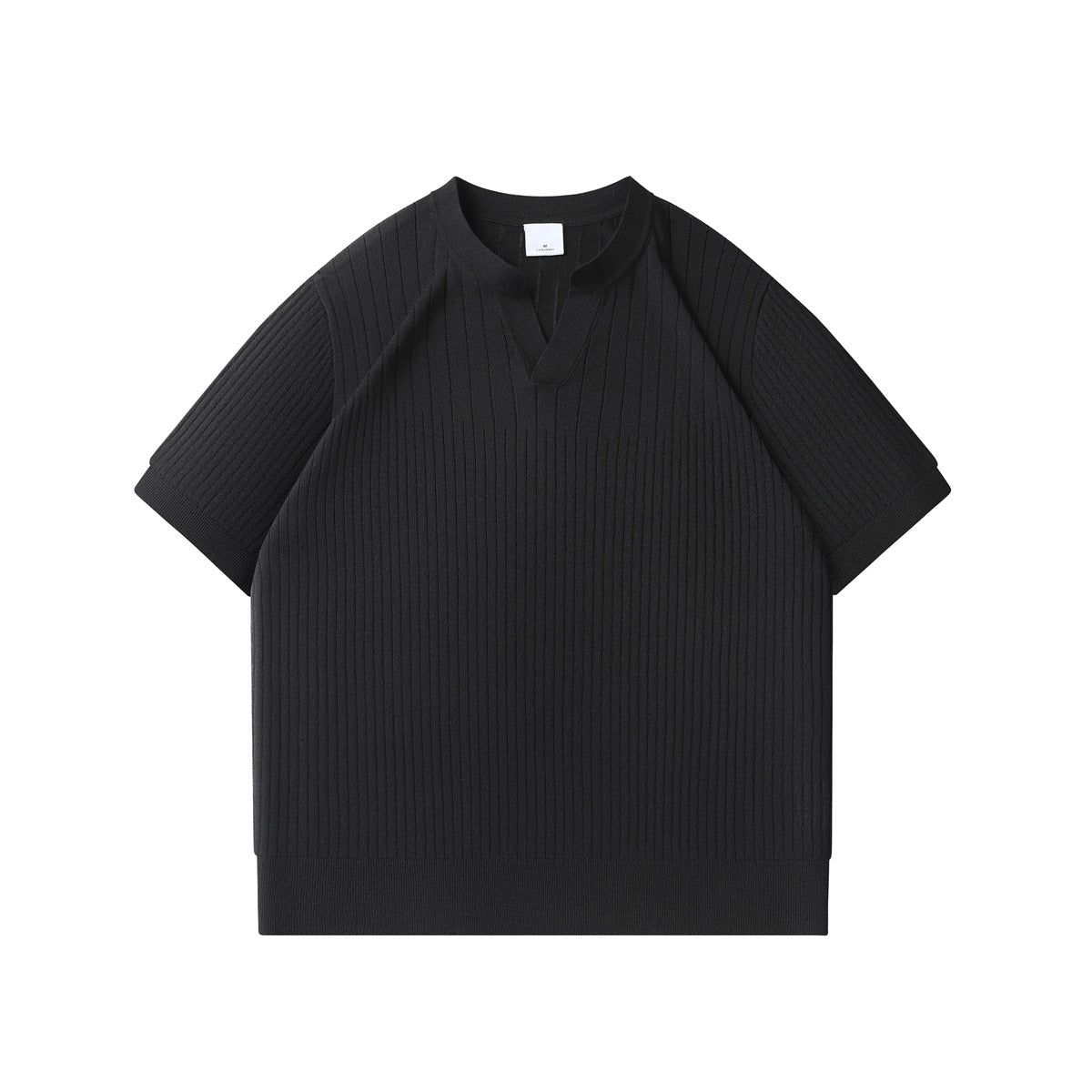 Black ribbed knit short-sleeve top with V-notch round neckline, flat front view