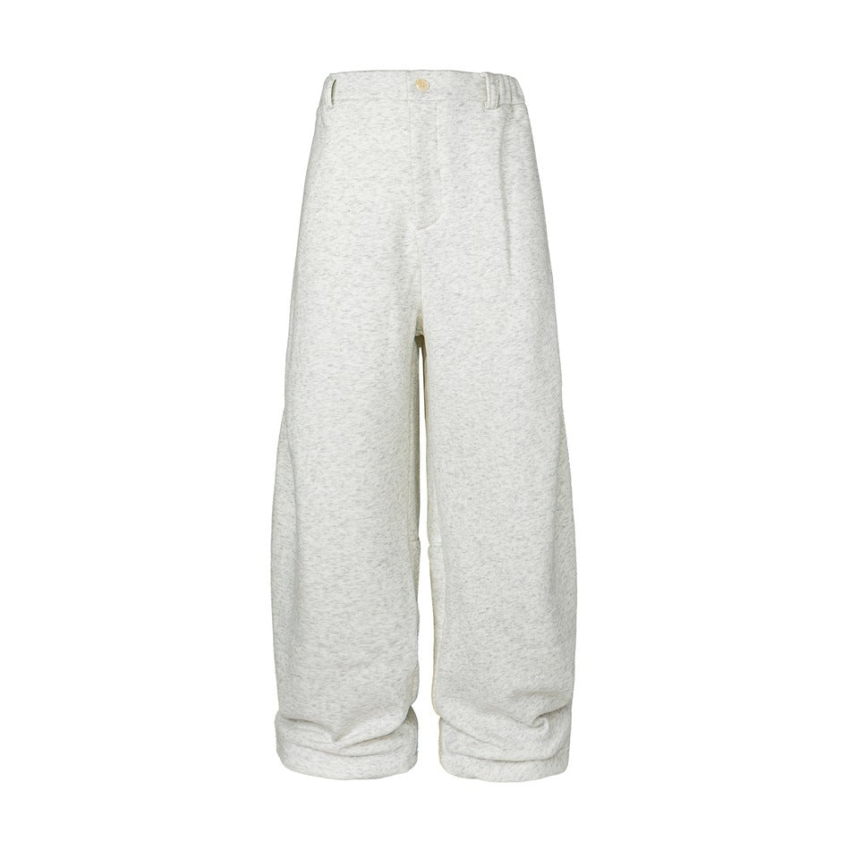 White-gray heathered wide-leg pants with elastic waist and button, front view on a white background