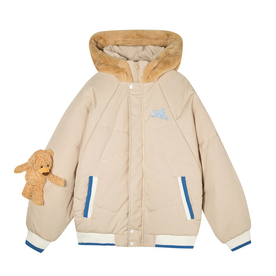 Khaki hooded puffer jacket with plush hood lining, striped rib trim and a teddy bear on the sleeve, front flat view