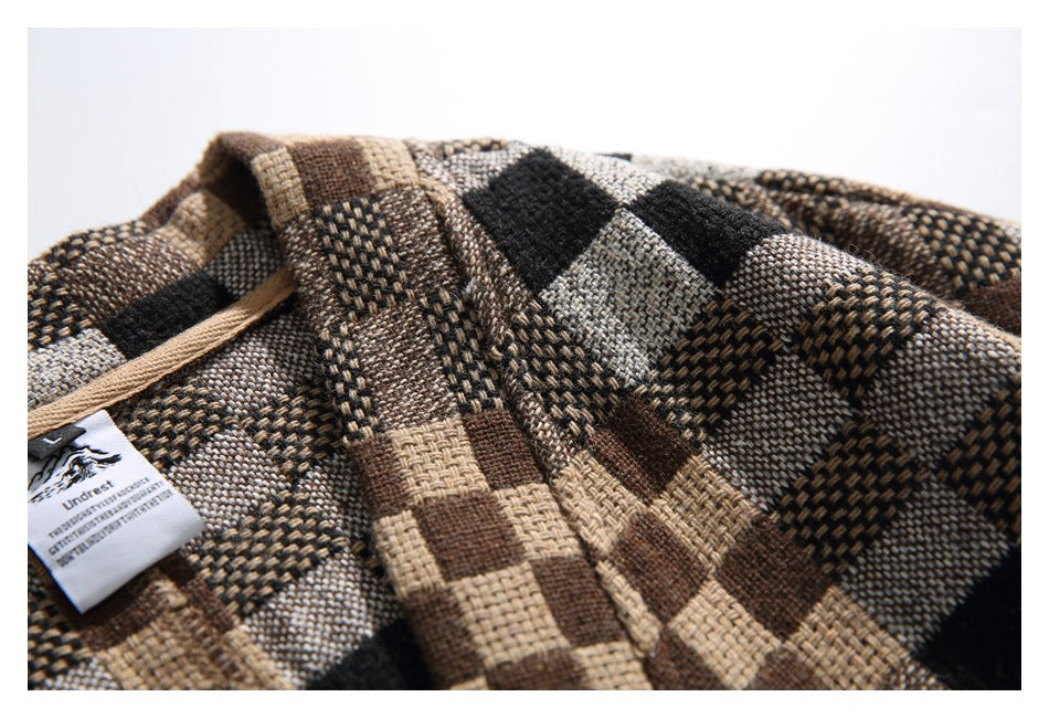 Close-up of the shirt's textured checkered collar and neck label.
