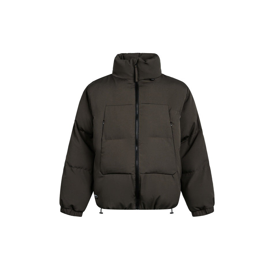 Dark olive-green quilted puffer jacket with stand collar, black front zipper, chest pockets and drawcord hem, front view