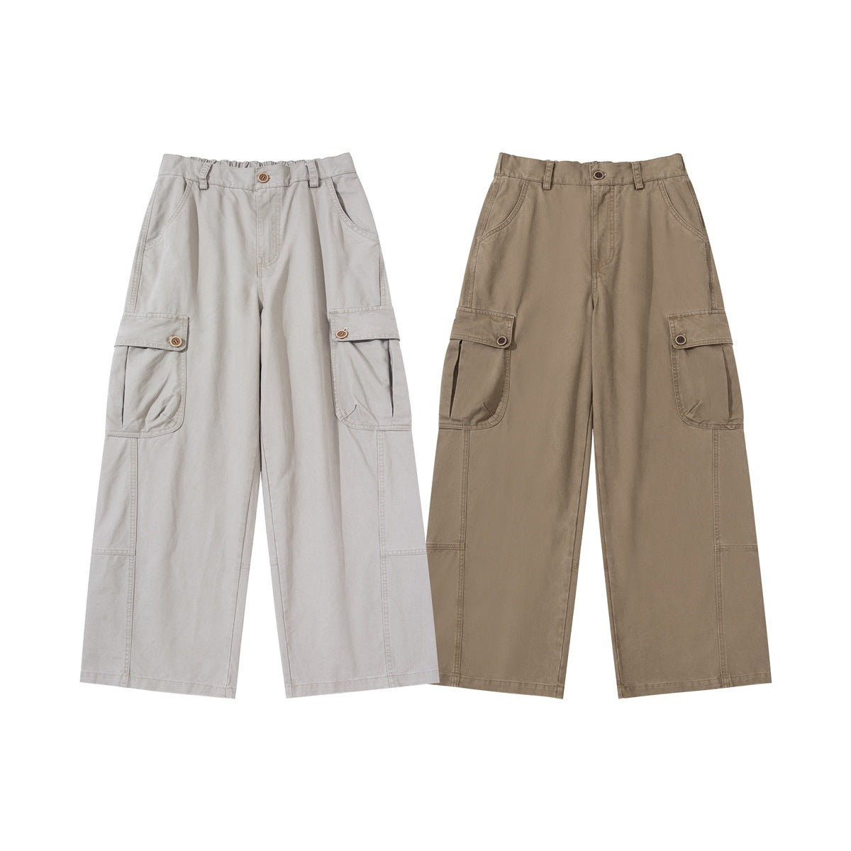 Front view of wide-leg cargo trousers in light gray and taupe, each with button-flap side pockets.