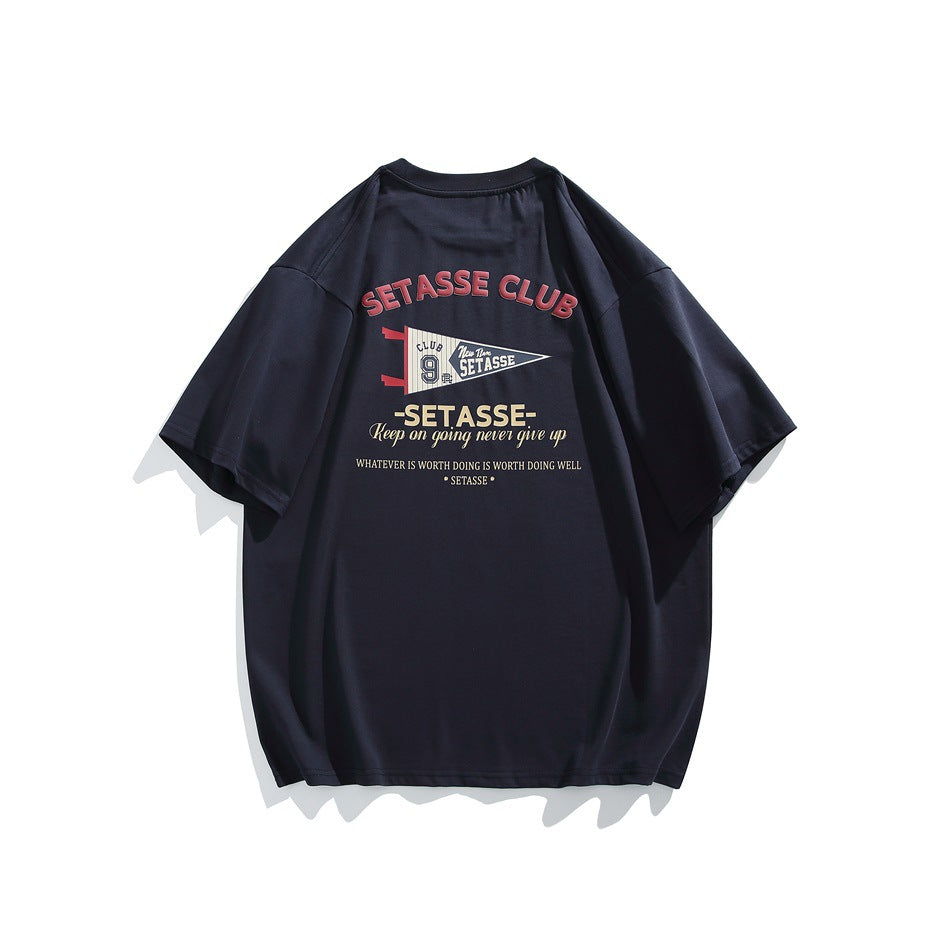 Navy short-sleeve crew-neck T-shirt, back view, with red 'SETASSE CLUB' lettering and pennant graphic