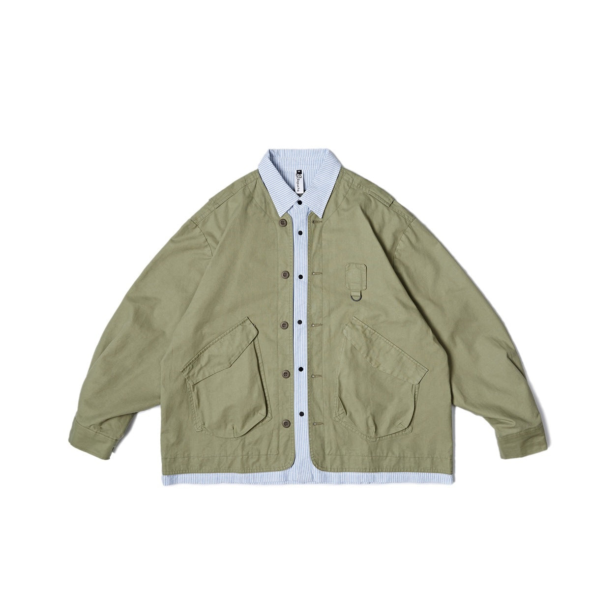 Light khaki button-front jacket with light blue striped collar and hem, large flap pockets and D-ring chest tab, flat lay