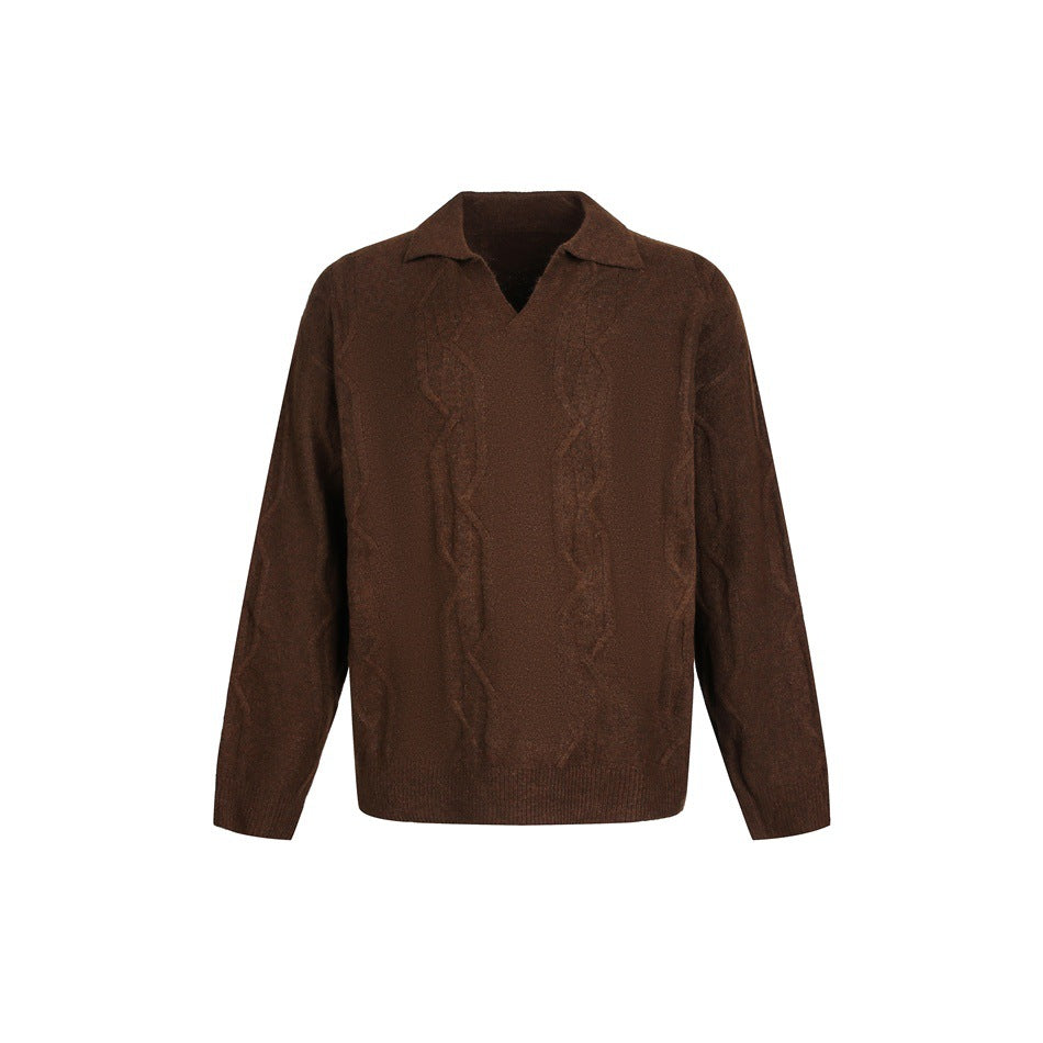 Brown cable-knit pullover sweater with a turn-down collar and V-neck, flat front view