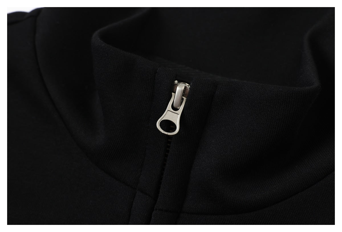 Close-up of a black stand collar and silver zipper pull.