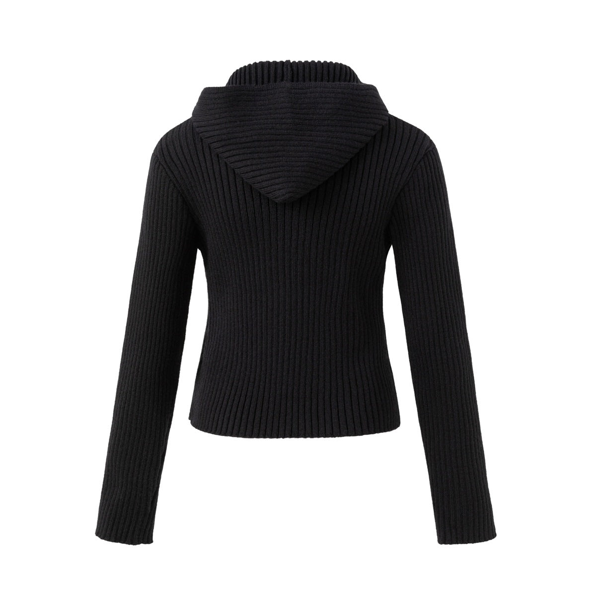 Back view of black ribbed knit hooded zip jacket with long sleeves