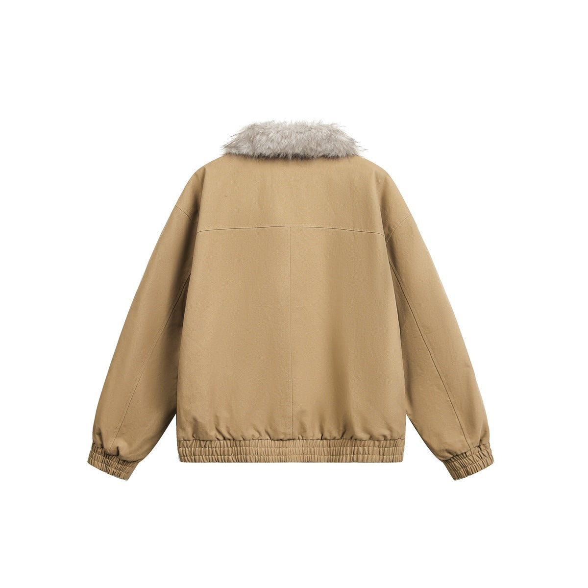 Back view of a tan jacket with pale fur collar, long sleeves, and gathered elastic cuffs and hem.