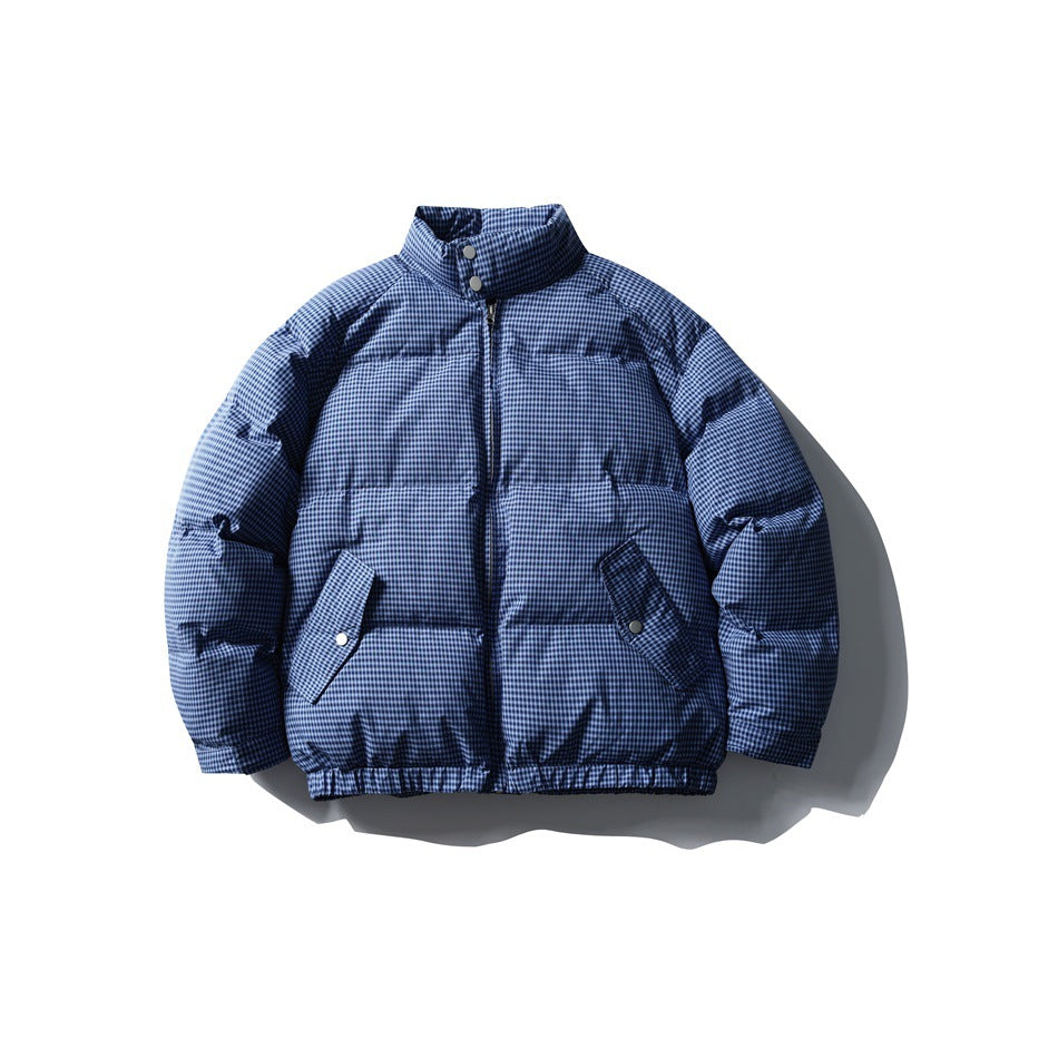 Blue plaid quilted puffer jacket, front flat lay with stand collar, zipper and snap flap pockets