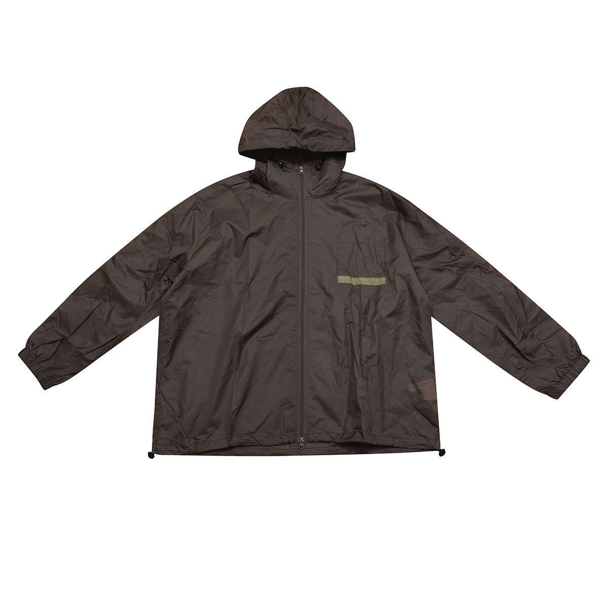 Brown hooded zip-up lightweight jacket laid flat, front view, with chest pocket and olive strip
