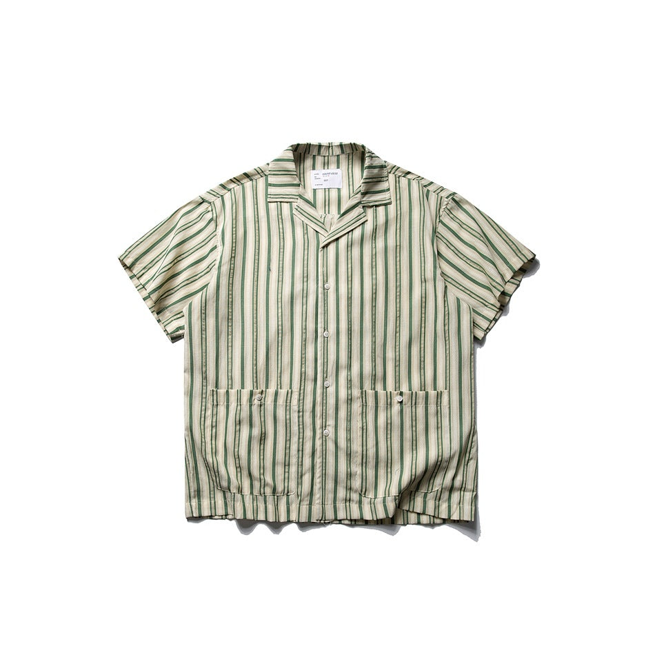 Front view of a cream shirt with green vertical stripes, a notched collar, buttons, and two pockets.