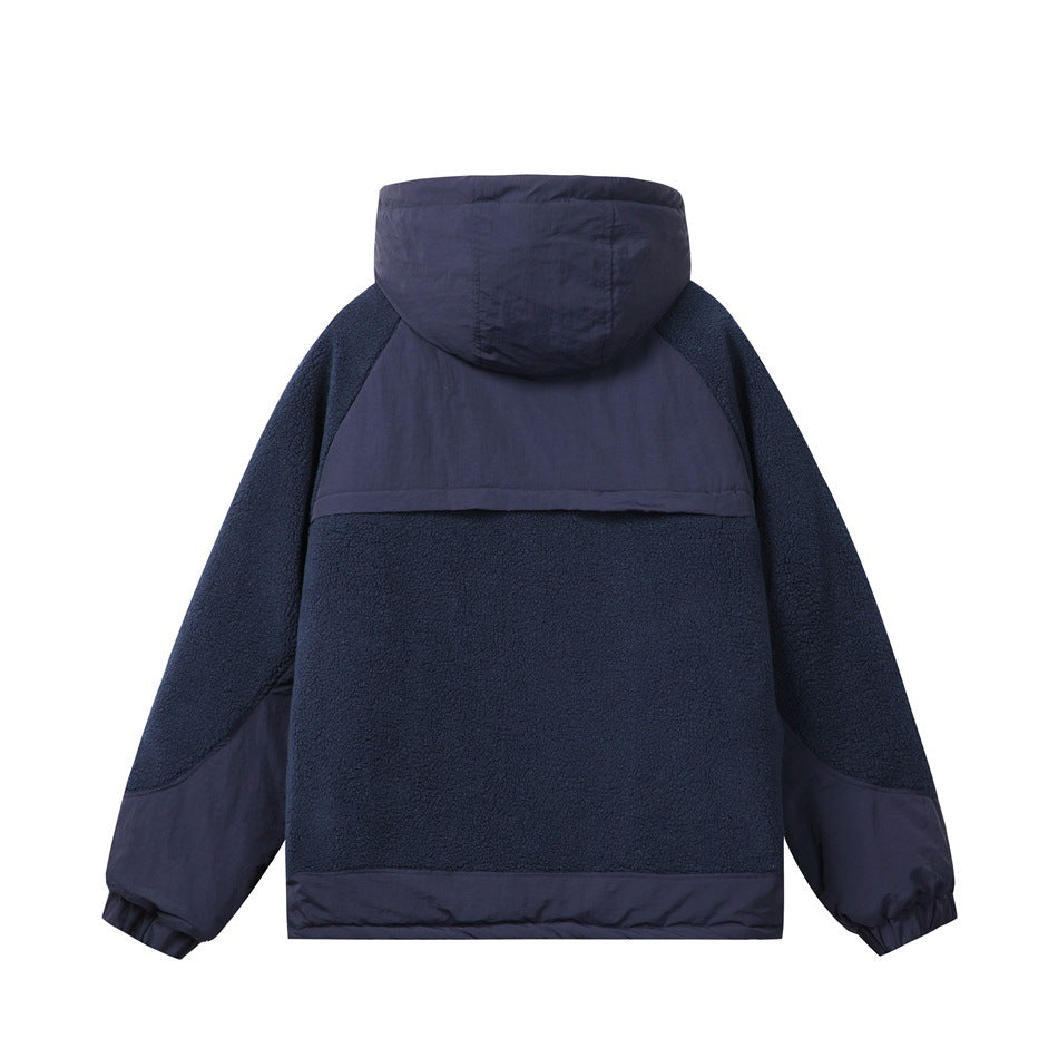 Navy hooded jacket back view with fleece-like body, smooth yoke panel, hood and elastic cuffs
