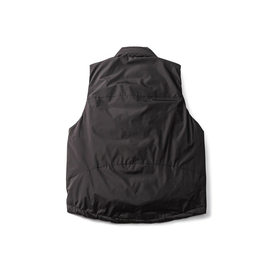 Black sleeveless vest shown flat from the back, with curved horizontal seams and a high collar.