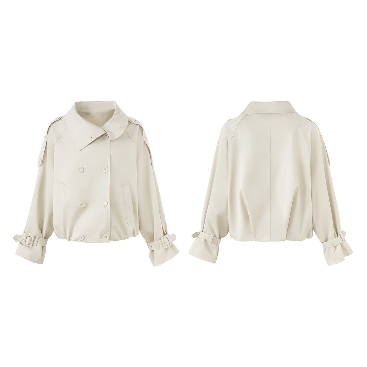 Cream cropped jacket shown from the front and back, with wide lapels, double-breasted buttons and cuff straps.