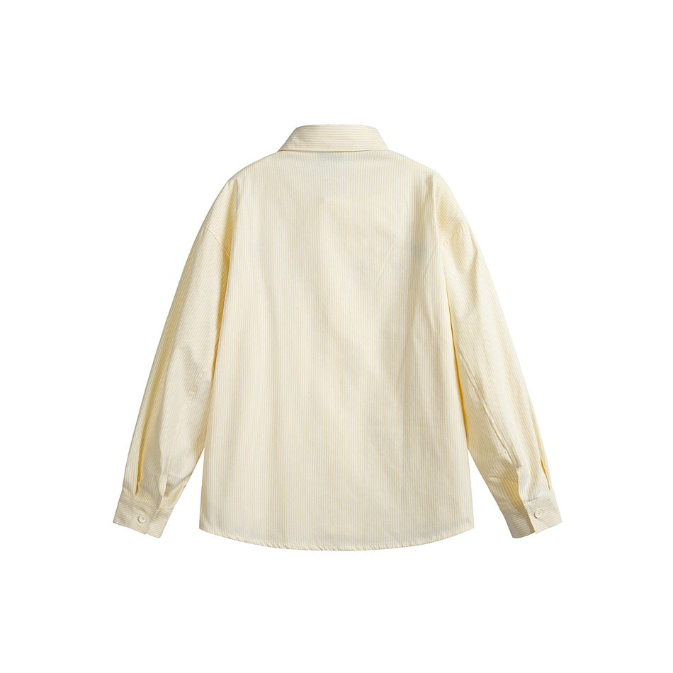Back view of a cream pinstriped button-up shirt with long sleeves and button cuffs.