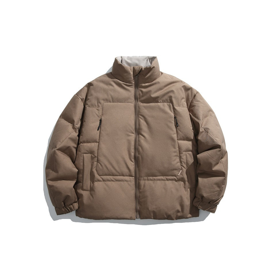 Brown quilted puffer jacket with stand collar, front zipper and chest panel, flat lay front view