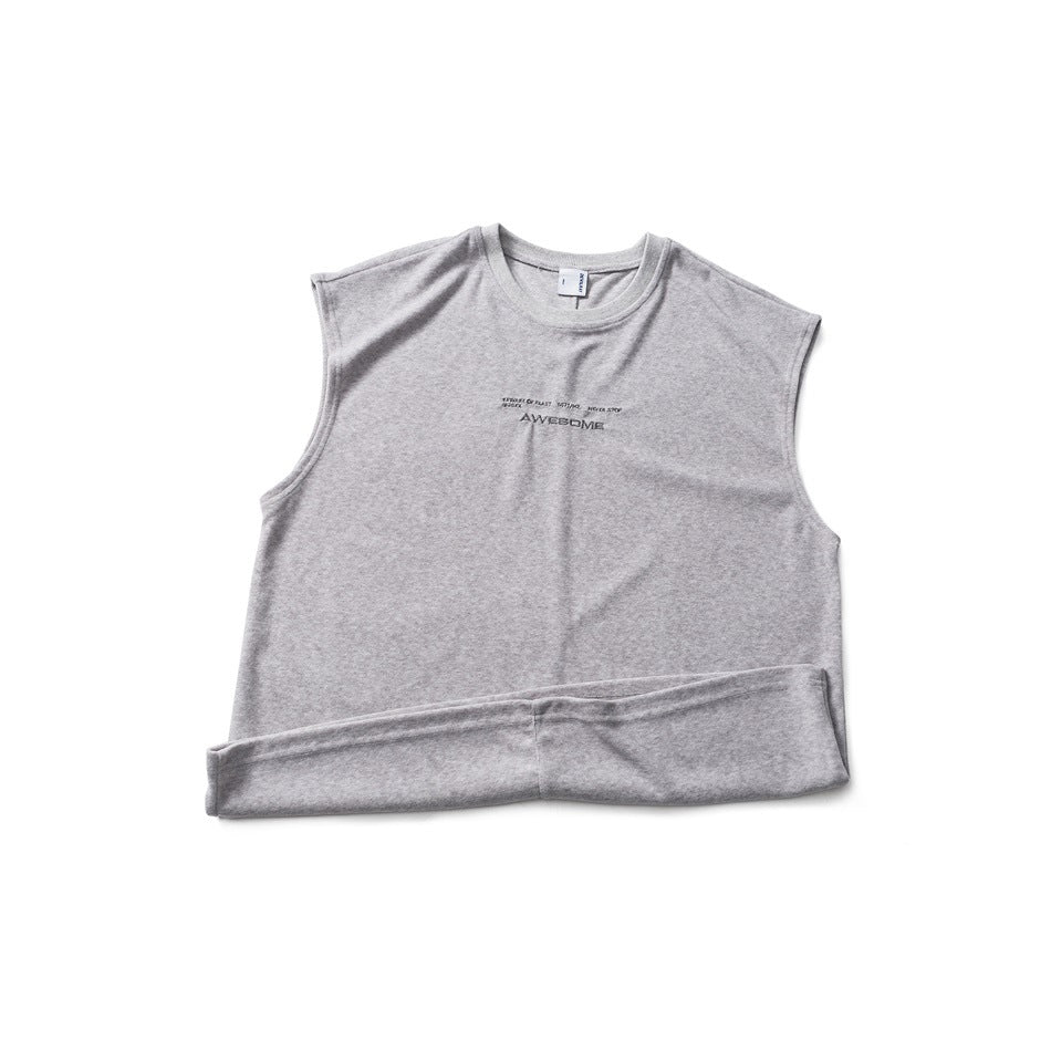 Flat-lay front of a heather-gray sleeveless crew-neck top with small dark chest lettering and a folded hem.