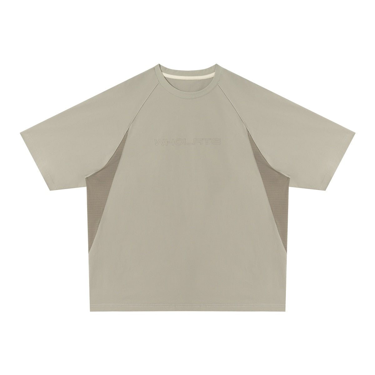 Light gray-khaki raglan T-shirt with taupe side panels, cream inner neck tape and tonal chest lettering, flat front
